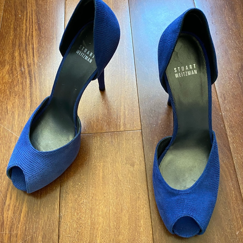 Stuart Weitzman peep toe blue heel pumps